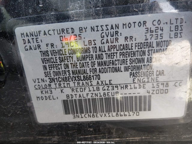 Продаж на аукціоні авто 2025 Nissan Versa 1.6 Sv, vin: 3N1CN8EVXSL866170, номер лоту: 46213163