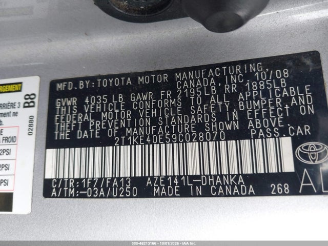 46213166 :رقم المزاد ، 2T1KE40E59C028070 vin ، 2009 Toyota Matrix S مزاد بيع