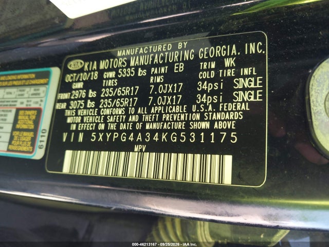 Продаж на аукціоні авто 2019 Kia Sorento 2.4l L, vin: 5XYPG4A34KG531175, номер лоту: 46213167