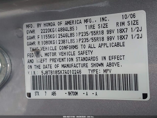 46213186 :رقم المزاد ، 5J8TB185X7A010246 vin ، 2007 Acura Rdx مزاد بيع