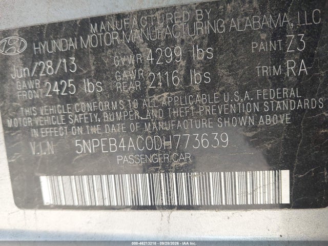 Продажа на аукционе авто 2013 Hyundai Sonata Gls, vin: 5NPEB4AC0DH773639, номер лота: 46213218