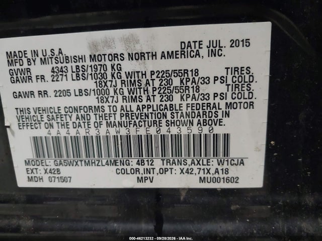 Aukcja sprzedaży 2015 Mitsubishi Outlander Sport Es, vin: 4A4AR3AW3FE043590, numer aukcji: 46213232