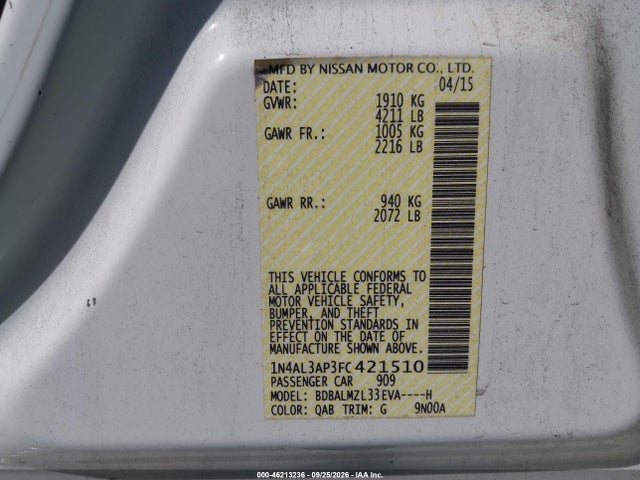 Aukcja sprzedaży 2015 Nissan Altima 2.5 Sv, vin: 1N4AL3AP3FC421510, numer aukcji: 46213236