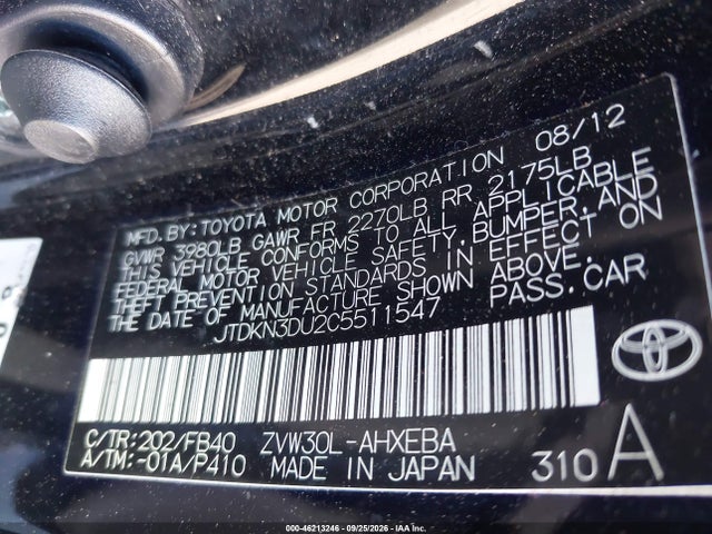 46213246 :رقم المزاد ، JTDKN3DU2C5511547 vin ، 2012 Toyota Prius Two مزاد بيع