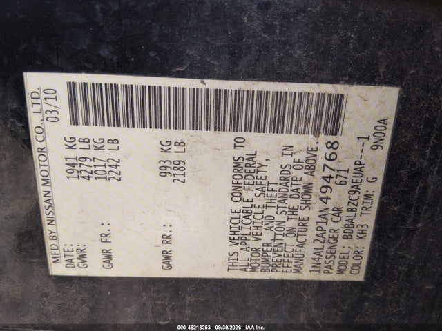 2010 Nissan Altima 2.5 S მანქანა იყიდება აუქციონზე, vin: 1N4AL2AP1AN494768, აუქციონის ნომერი: 46213253