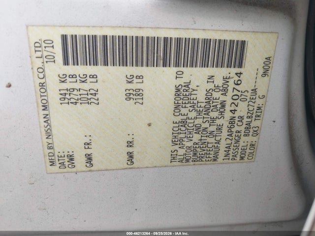 Aukcja sprzedaży 2011 Nissan Altima 2.5 S, vin: 1N4AL2AP6BN420764, numer aukcji: 46213264