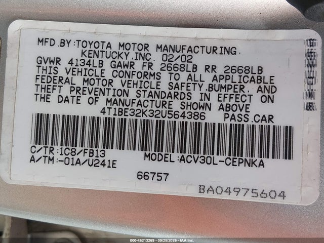 2002 Toyota Camry Le მანქანა იყიდება აუქციონზე, vin: 4T1BE32K32U564386, აუქციონის ნომერი: 46213269
