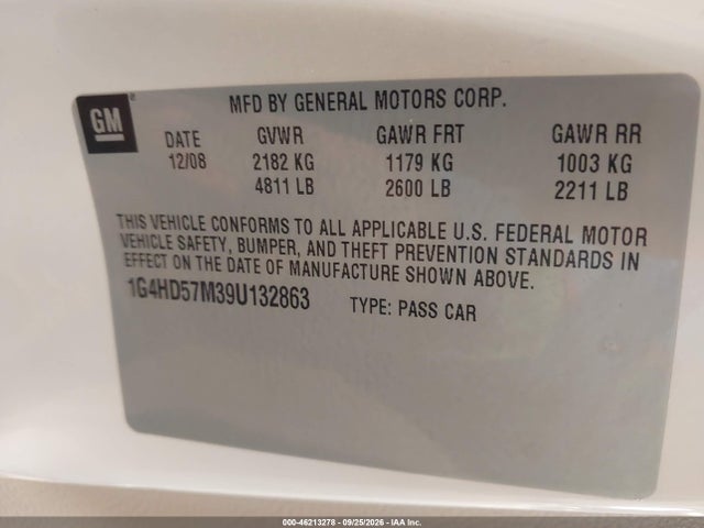46213278 :رقم المزاد ، 1G4HD57M39U132863 vin ، 2009 Buick Lucerne Cxl Special Edition مزاد بيع