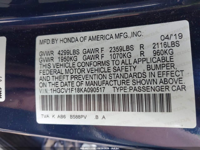 1HGCV1F18KA090517 Honda ACCORD LX