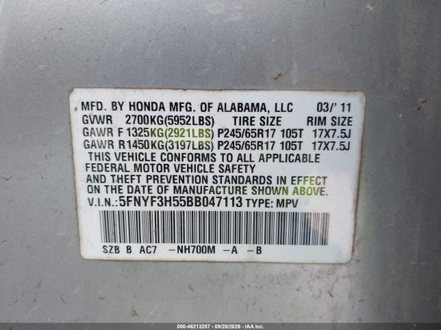 Продаж на аукціоні авто 2011 Honda Pilot Ex-l, vin: 5FNYF3H55BB047113, номер лоту: 46213287