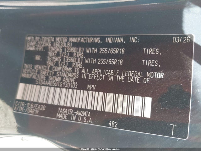 2026 Toyota Grand Highlander Xle მანქანა იყიდება აუქციონზე, vin: 5TDAAAB59TS130103, აუქციონის ნომერი: 46213288