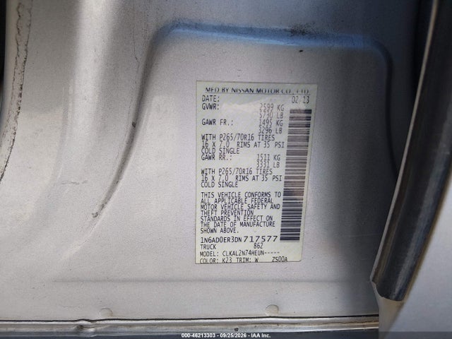 46213303 :رقم المزاد ، 1N6AD0ER3DN717577 vin ، 2013 Nissan Frontier Sv مزاد بيع