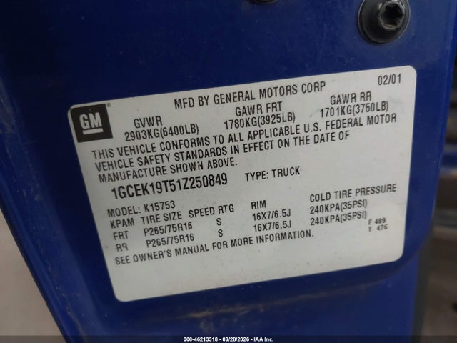 2001 Chevrolet Silverado 1500 Ls მანქანა იყიდება აუქციონზე, vin: 1GCEK19T51Z250849, აუქციონის ნომერი: 46213318