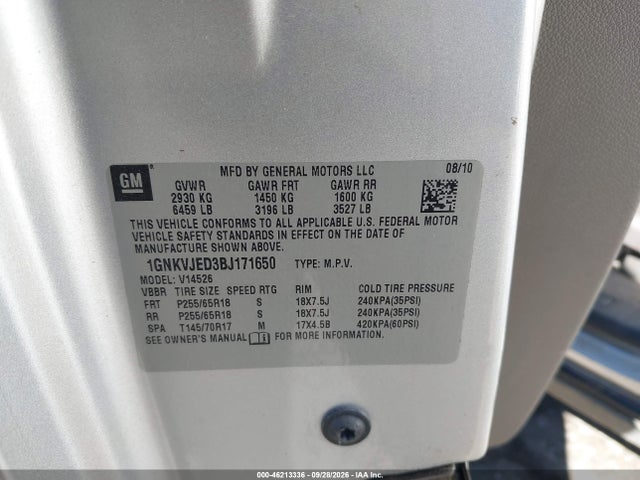 2011 Chevrolet Traverse 2lt მანქანა იყიდება აუქციონზე, vin: 1GNKVJED3BJ171650, აუქციონის ნომერი: 46213336