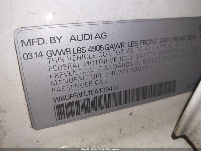 2014 Audi A4 2.0t Premium მანქანა იყიდება აუქციონზე, vin: WAUFFAFL1EA139424, აუქციონის ნომერი: 46213358