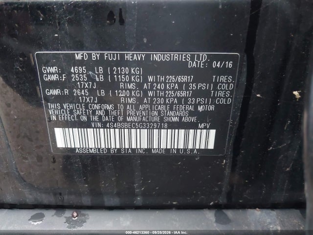Продаж на аукціоні авто 2016 Subaru Outback 2.5i Premium, vin: 4S4BSBEC5G3329718, номер лоту: 46213360