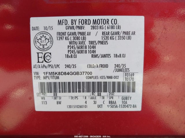 Продаж на аукціоні авто 2016 Ford Explorer Xlt, vin: 1FM5K8D84GGB37700, номер лоту: 46213369