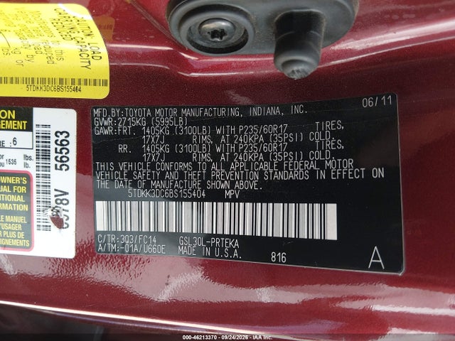 46213370 :رقم المزاد ، 5TDKK3DC6BS155404 vin ، 2011 Toyota Sienna Le V6 مزاد بيع