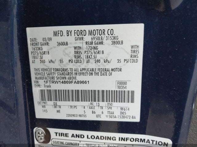 46213384 :رقم المزاد ، 1FTRW14869FA89661 vin ، 2009 Ford F-150 Xlt مزاد بيع