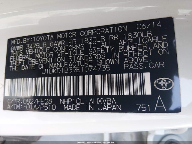 Aukcja sprzedaży 2014 Toyota Prius C One, vin: JTDKDTB39E1074735, numer aukcji: 46213385