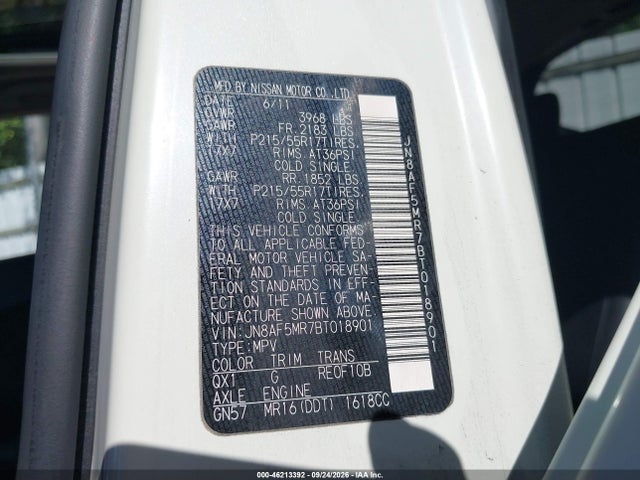 2011 Nissan Juke Sl მანქანა იყიდება აუქციონზე, vin: JN8AF5MR7BT018901, აუქციონის ნომერი: 46213392