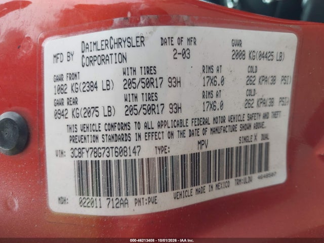 46213408 :رقم المزاد ، 3C8FY78G73T608147 vin ، 2003 Chrysler Pt Cruiser Gt مزاد بيع
