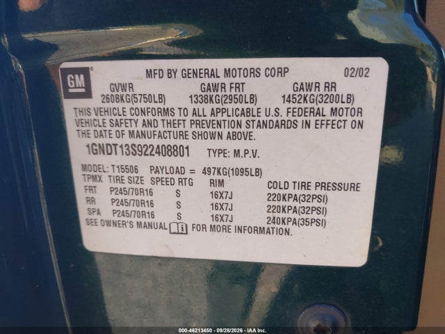 Продажа на аукционе авто 2002 Chevrolet Trailblazer Ls, vin: 1GNDT13S922408801, номер лота: 46213450