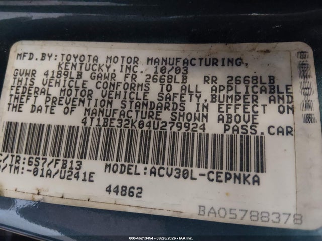 46213454 :رقم المزاد ، 4T1BE32K04U279924 vin ، 2004 Toyota Camry Le مزاد بيع