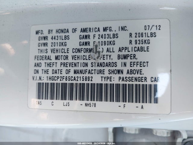 Aukcja sprzedaży 2012 Honda Accord 2.4 Ex-l, vin: 1HGCP2F85CA215892, numer aukcji: 46213459