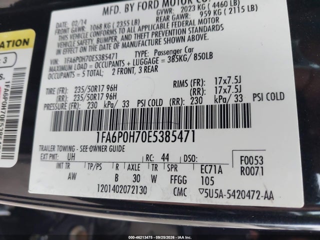 Продаж на аукціоні авто 2014 Ford Fusion Se, vin: 1FA6P0H70E5385471, номер лоту: 46213475