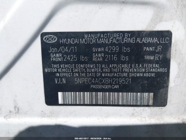 2011 Hyundai Sonata Se მანქანა იყიდება აუქციონზე, vin: 5NPEC4ACXBH219521, აუქციონის ნომერი: 46213517