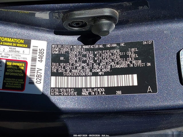 Aukcja sprzedaży 2007 Toyota Sienna Ce, vin: 5TDZK23CX7S061589, numer aukcji: 46213528
