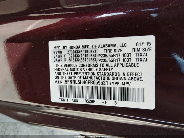 46213531 :رقم المزاد ، 5FNRL5H46FB059521 vin ، 2015 Honda Odyssey Ex مزاد بيع