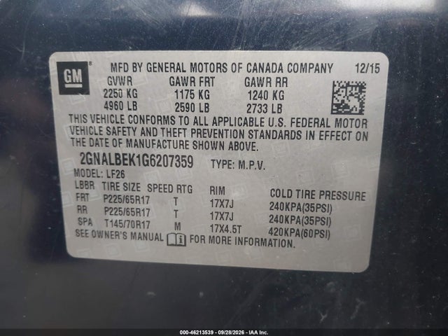 46213539 :رقم المزاد ، 2GNALBEK1G6207359 vin ، 2016 Chevrolet Equinox Ls مزاد بيع