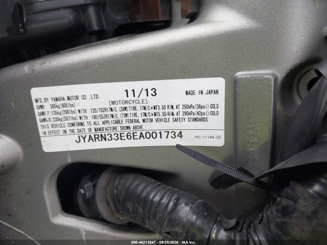 46213547 :رقم المزاد ، JYARN33E6EA001734 vin ، 2014 Yamaha Fz09 مزاد بيع