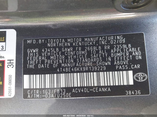 Aukcja sprzedaży 2009 Toyota Camry Le, vin: 4T4BE46KX9R139229, numer aukcji: 46213548