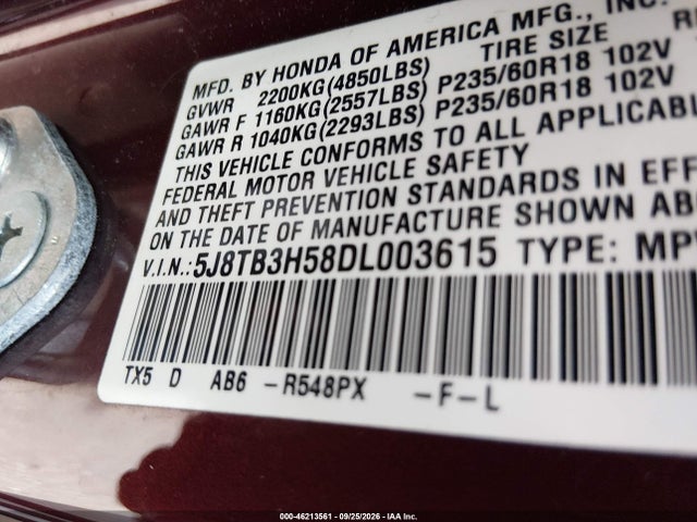 46213561 :رقم المزاد ، 5J8TB3H58DL003615 vin ، 2013 Acura Rdx مزاد بيع