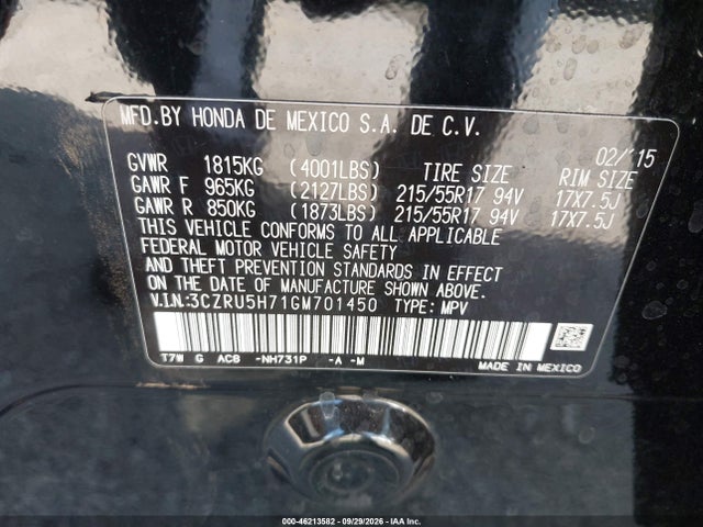 46213582 :رقم المزاد ، 3CZRU5H71GM701450 vin ، 2016 Honda Hr-v Ex-l مزاد بيع