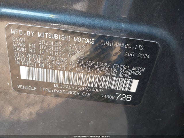 Aukcja sprzedaży 2024 Mitsubishi Mirage Es/le, vin: ML32AUHJ5RH024869, numer aukcji: 46213593