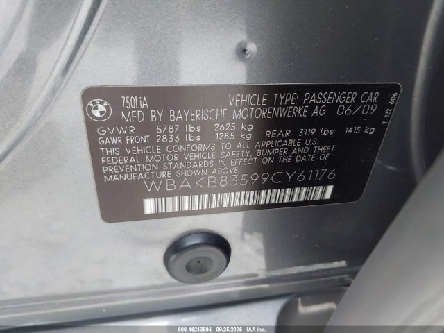 46213594 :رقم المزاد ، WBAKB83599CY61176 vin ، 2009 Bmw 750li مزاد بيع