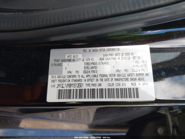 2021 Mazda Mazda6 Touring მანქანა იყიდება აუქციონზე, vin: JM1GL1VM8M1612681, აუქციონის ნომერი: 46213598