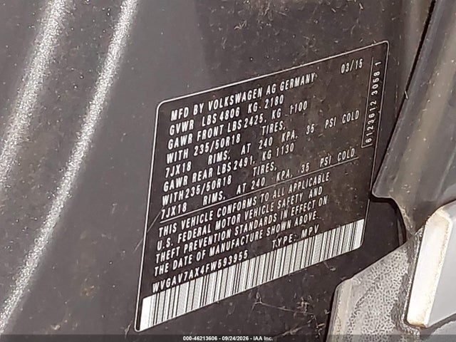 2015 Volkswagen Tiguan Se მანქანა იყიდება აუქციონზე, vin: WVGAV7AX4FW593955, აუქციონის ნომერი: 46213606