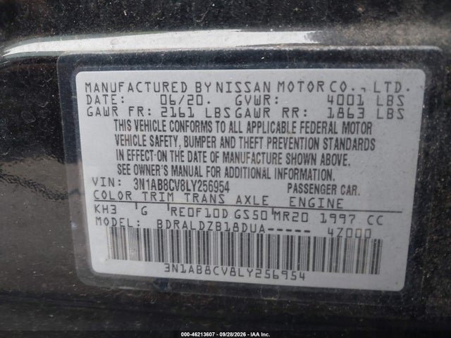 2020 Nissan Sentra Sv Xtronic Cvt მანქანა იყიდება აუქციონზე, vin: 3N1AB8CV8LY256954, აუქციონის ნომერი: 46213607