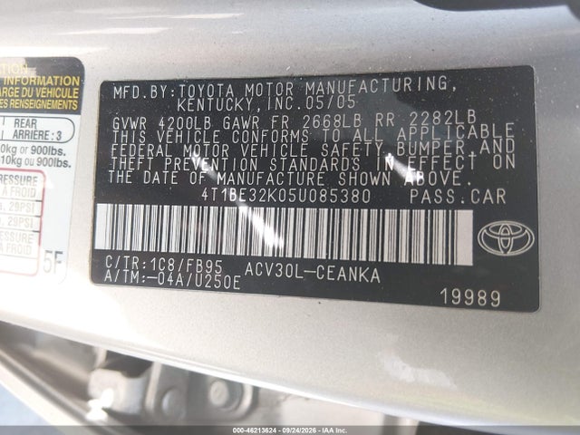 2005 Toyota Camry Le მანქანა იყიდება აუქციონზე, vin: 4T1BE32K05U085380, აუქციონის ნომერი: 46213624