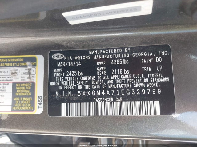2014 Kia Optima Lx მანქანა იყიდება აუქციონზე, vin: 5XXGM4A71EG329799, აუქციონის ნომერი: 46213635