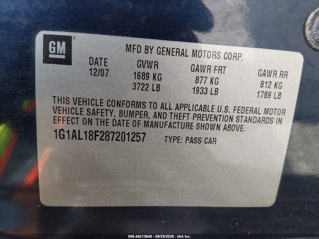 Aukcja sprzedaży 2008 Chevrolet Cobalt Lt, vin: 1G1AL18F287201257, numer aukcji: 46213646