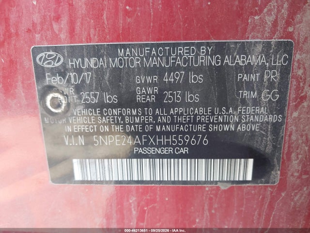 Продажа на аукционе авто 2017 Hyundai Sonata, vin: 5NPE24AFXHH559676, номер лота: 46213651