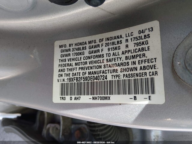 Aukcja sprzedaży 2013 Honda Civic Lx, vin: 19XFB2F59DE040724, numer aukcji: 46213652