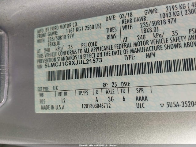 Продаж на аукціоні авто 2018 Lincoln Mkc Premiere, vin: 5LMCJ1C9XJUL21573, номер лоту: 46213664