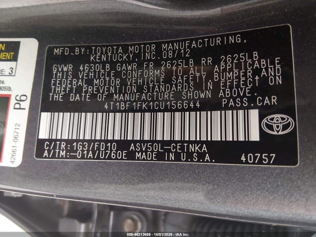 Продажа на аукционе авто 2012 Toyota Camry Le, vin: 4T1BF1FK1CU156644, номер лота: 46213669